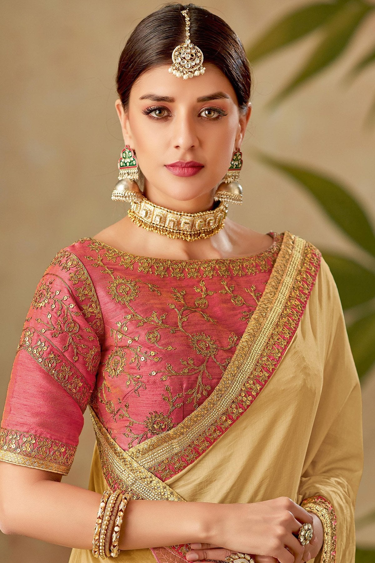 Biege and Pink Silk Saree with Silk Blouse