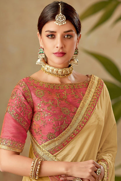 Biege and Pink Silk Saree with Silk Blouse