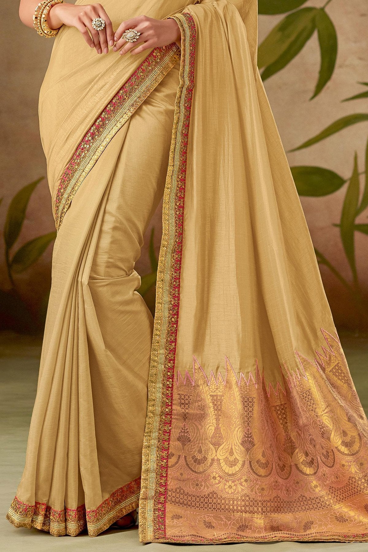 Biege and Pink Silk Saree with Silk Blouse
