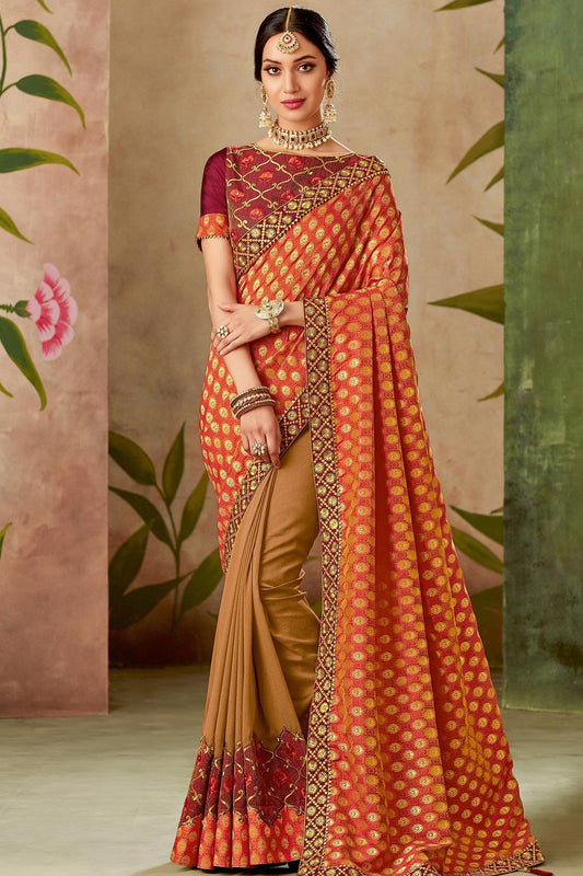 Brown and Red Silk Saree with Silk Blouse