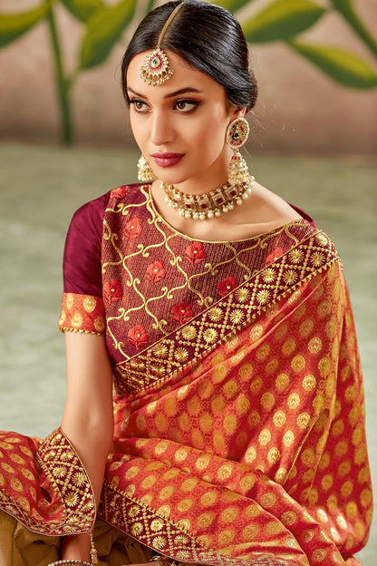 Brown and Red Silk Saree with Silk Blouse