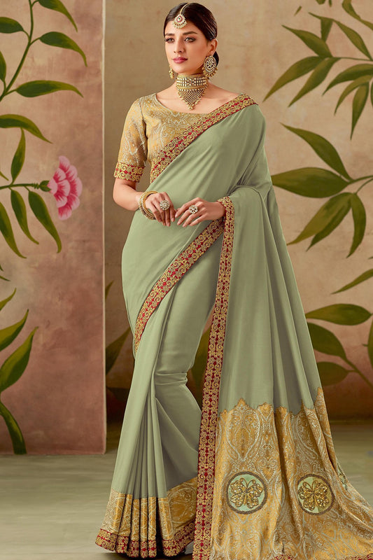 Green and Yellow Silk Saree with Silk Blouse