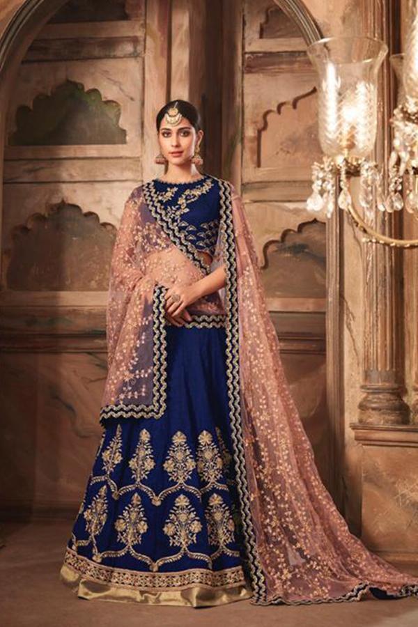 Pretty Navy-Blue Silk Lehenga Set
