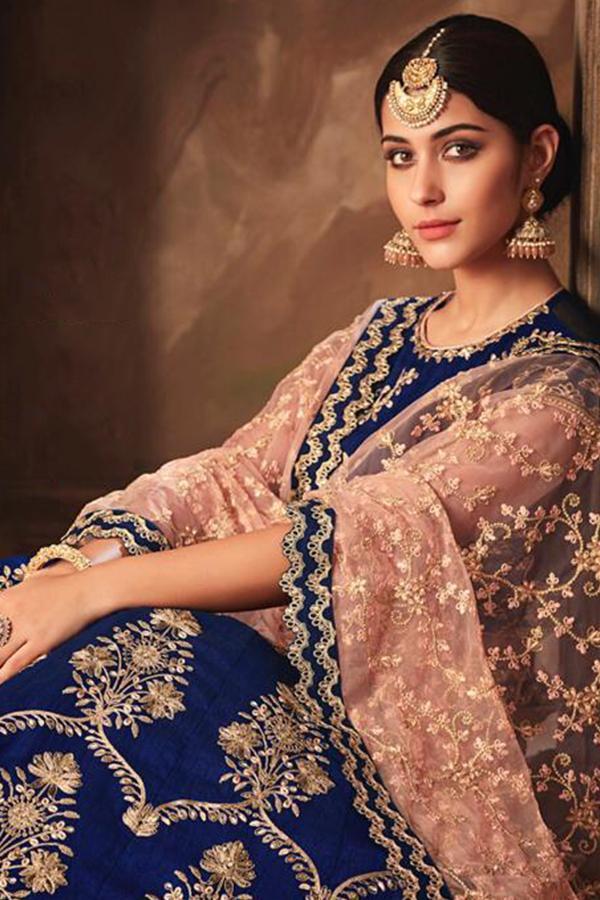 Pretty Navy-Blue Silk Lehenga Set