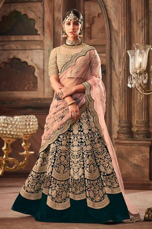 Mid-night Green Silk Lehenga Set