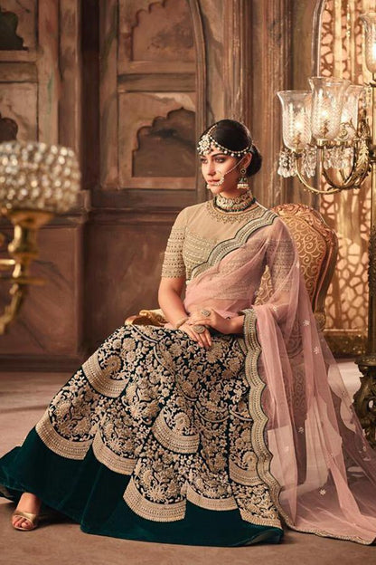 Mid-night Green Silk Lehenga Set