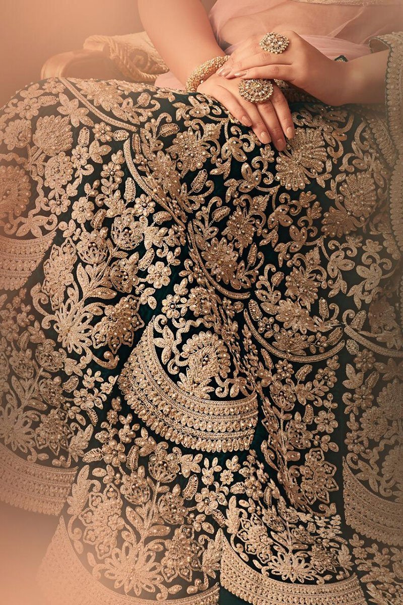 Mid-night Green Silk Lehenga Set