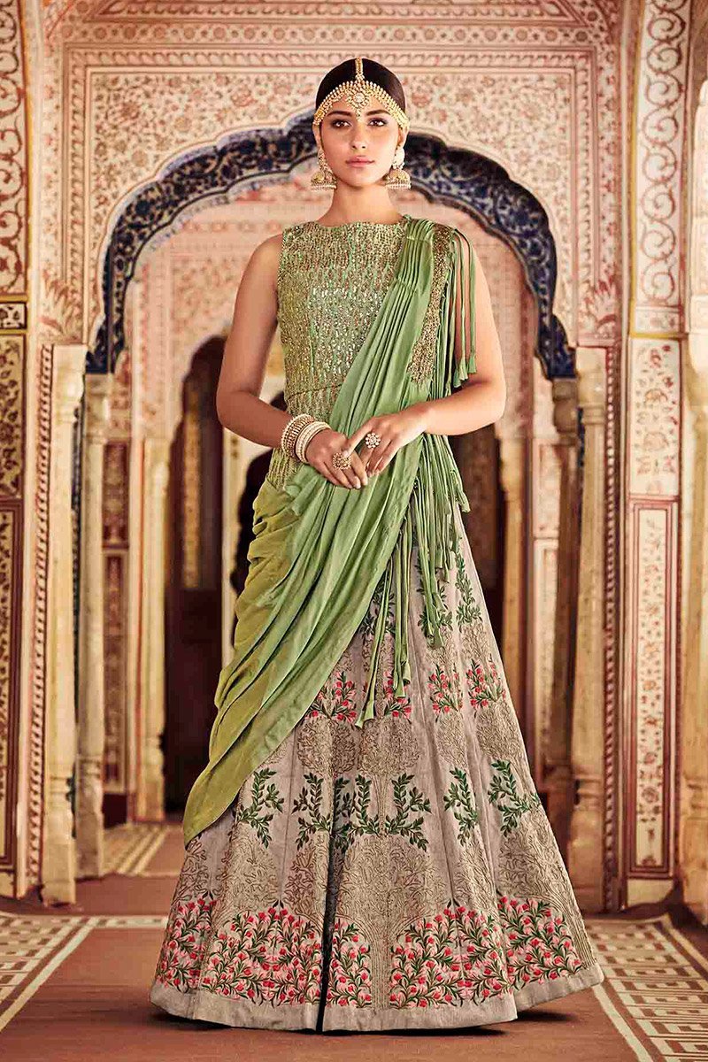 Fern Green and Peanut colored Party Wear Lehenga Set