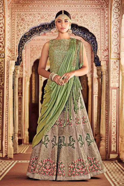 Fern Green and Peanut colored Party Wear Lehenga Set