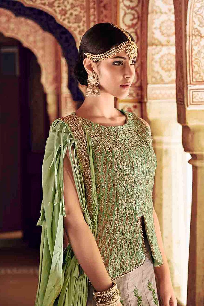 Fern Green and Peanut colored Party Wear Lehenga Set
