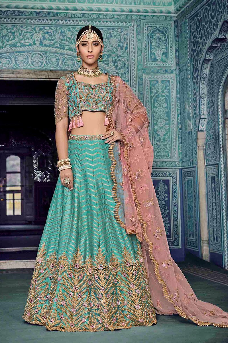 Turquoise Blue Colored Party Wear Lehenga Set