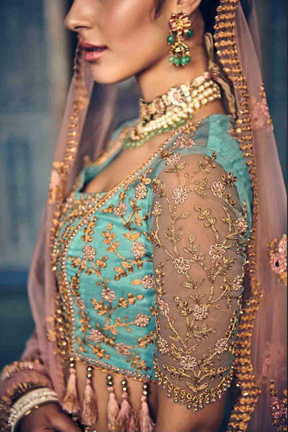 Turquoise Blue Colored Party Wear Lehenga Set