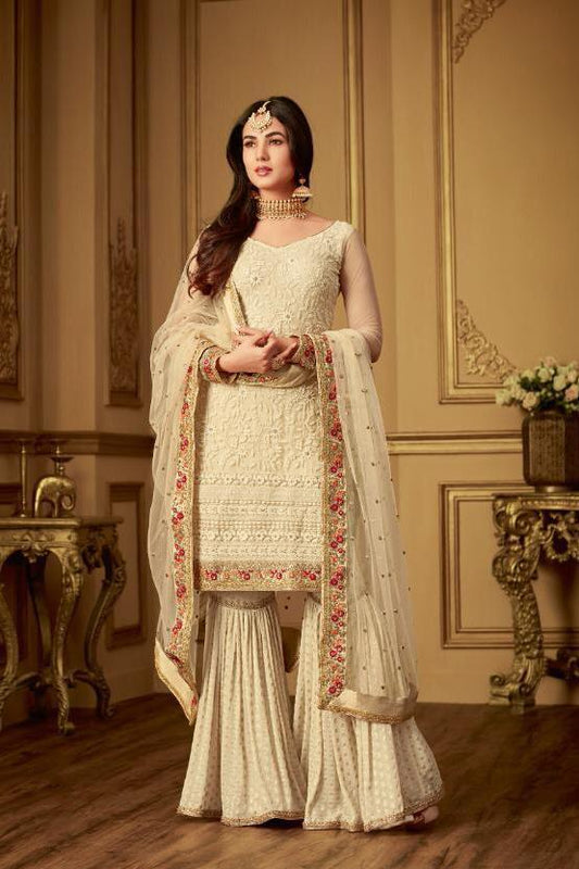Cream Crush Traditional Embroidered Plaited Palazzo Suit