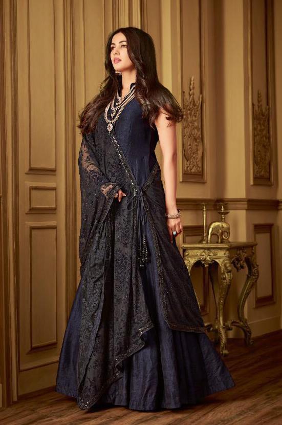 Dark Blue Minimalist Embroidered Flared Anarkali Suit