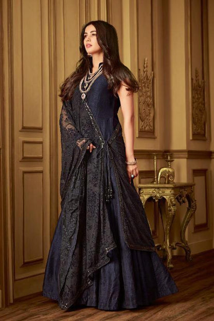 Dark Blue Minimalist Embroidered Flared Anarkali Suit