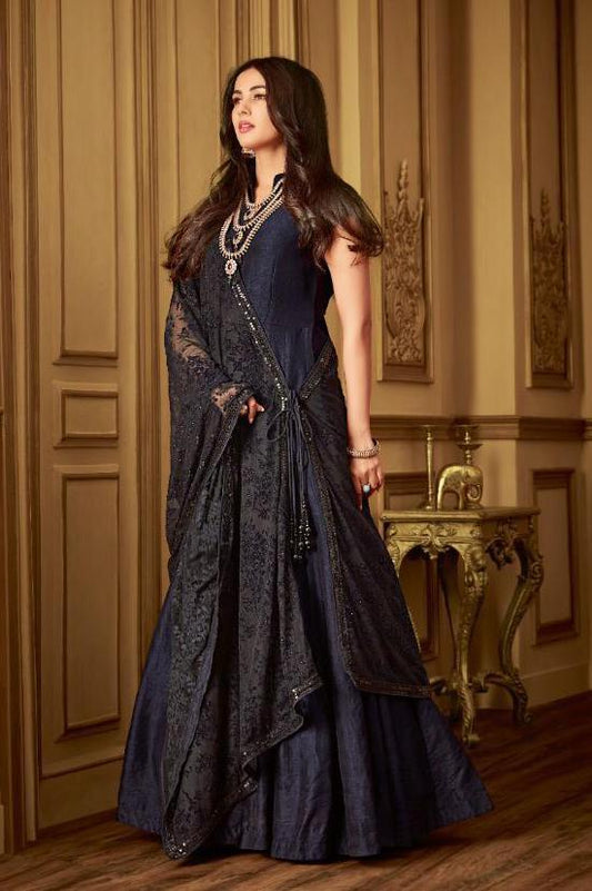 Dark Blue Minimalist Embroidered Flared Anarkali Suit