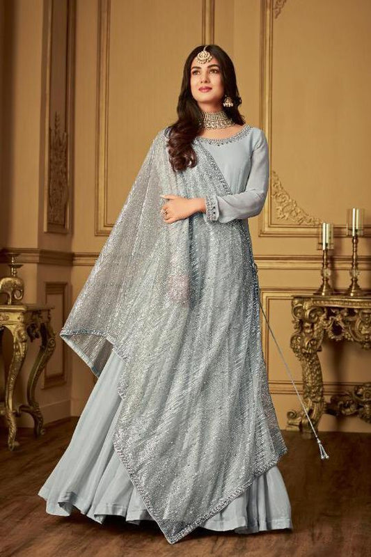 Grey Glammed Minimalist Embroidered Flared Anarkali Suit
