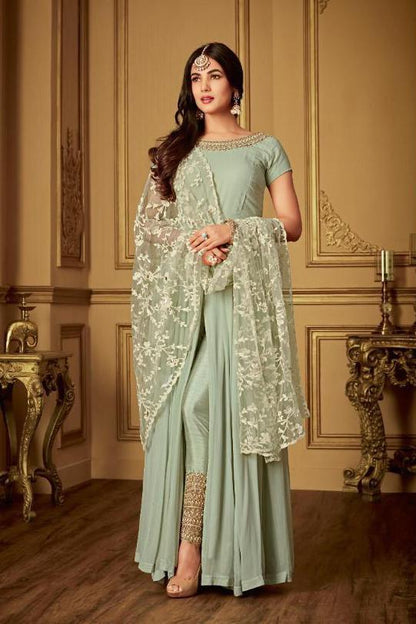 Teal Green Ethnic Embroidered Slit Style Anarkali Pant Suit