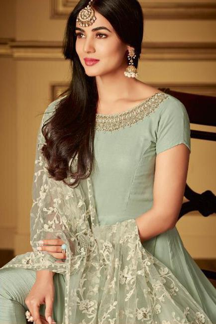 Teal Green Ethnic Embroidered Slit Style Anarkali Pant Suit