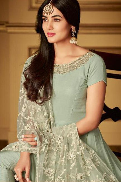 Teal Green Ethnic Embroidered Slit Style Anarkali Pant Suit