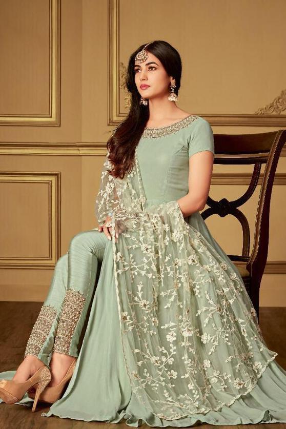 Teal Green Ethnic Embroidered Slit Style Anarkali Pant Suit