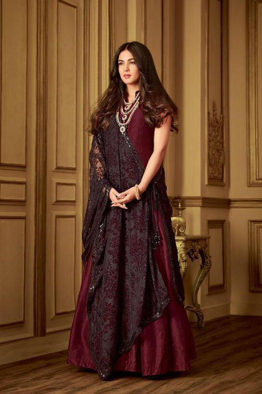 Maroon Minimalist Embroidered Flared Anarkali Suit