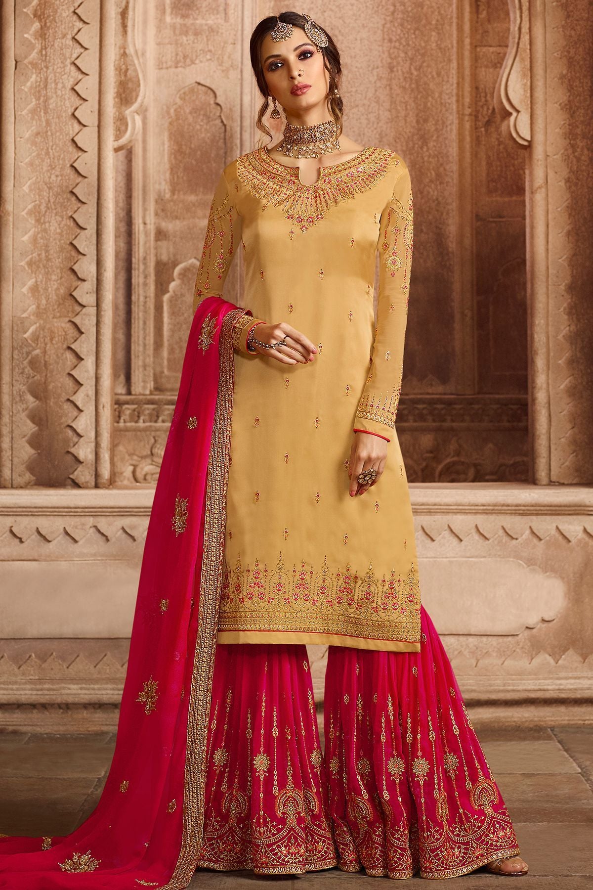 Marigold and Hot Pink Georgette Palazzo Suit