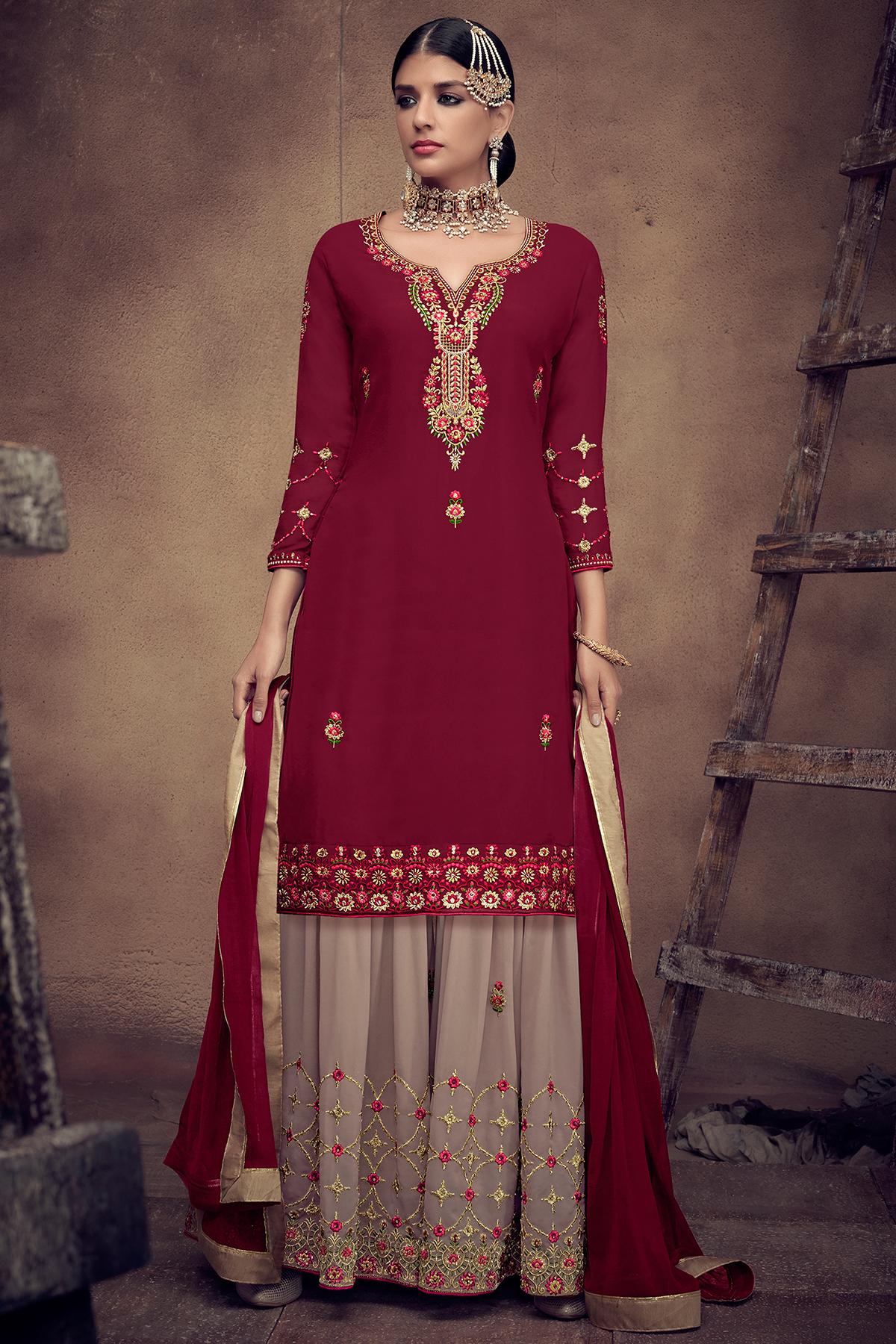 Maroon And Mauve Designer Palazzo Suit