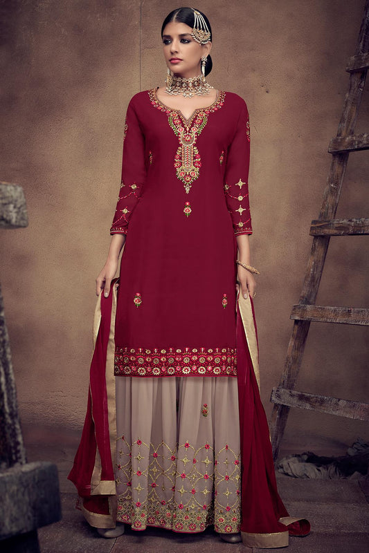 Maroon And Mauve Designer Palazzo Suit