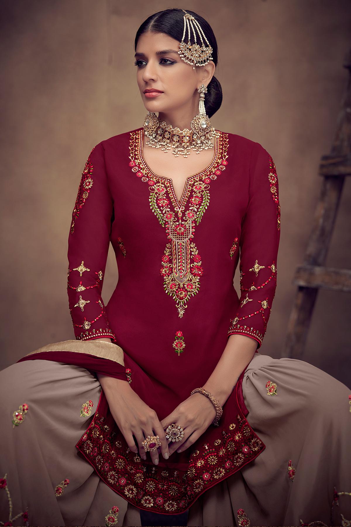 Maroon And Mauve Designer Palazzo Suit