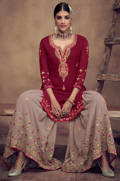 Maroon And Mauve Designer Palazzo Suit