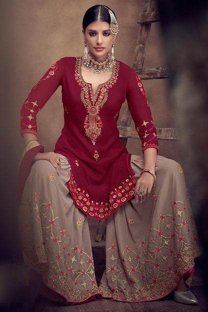 Maroon And Mauve Designer Palazzo Suit