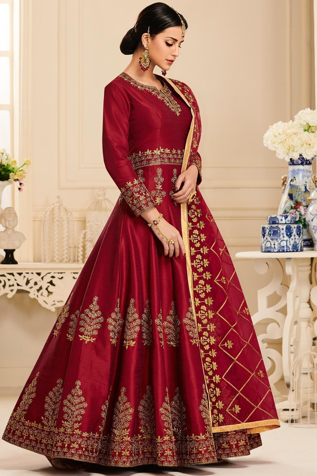Maroon Designer Embroidered Silk Anarkali Suit