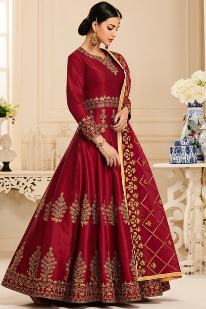 Maroon Designer Embroidered Silk Anarkali Suit