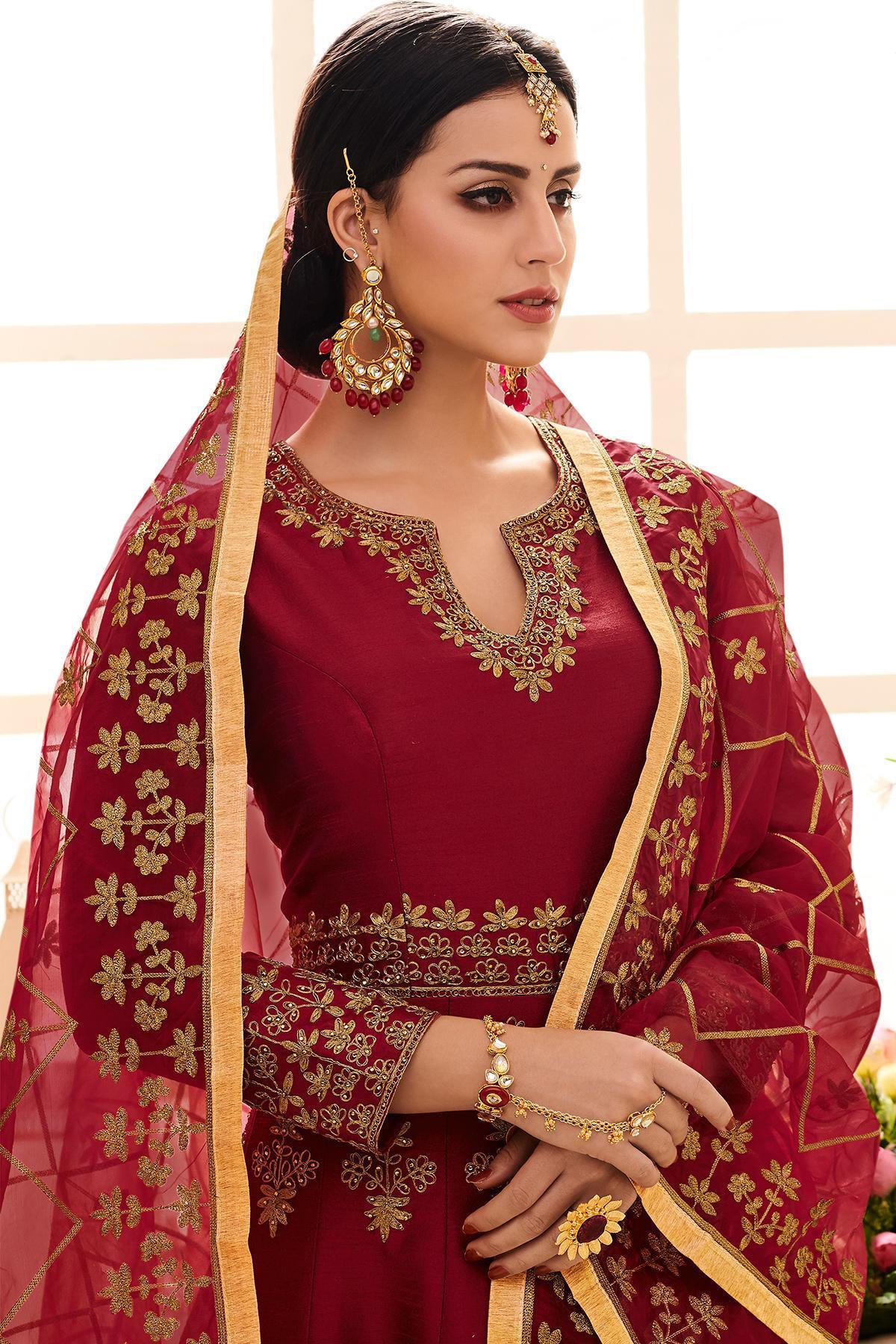Maroon Designer Embroidered Silk Anarkali Suit