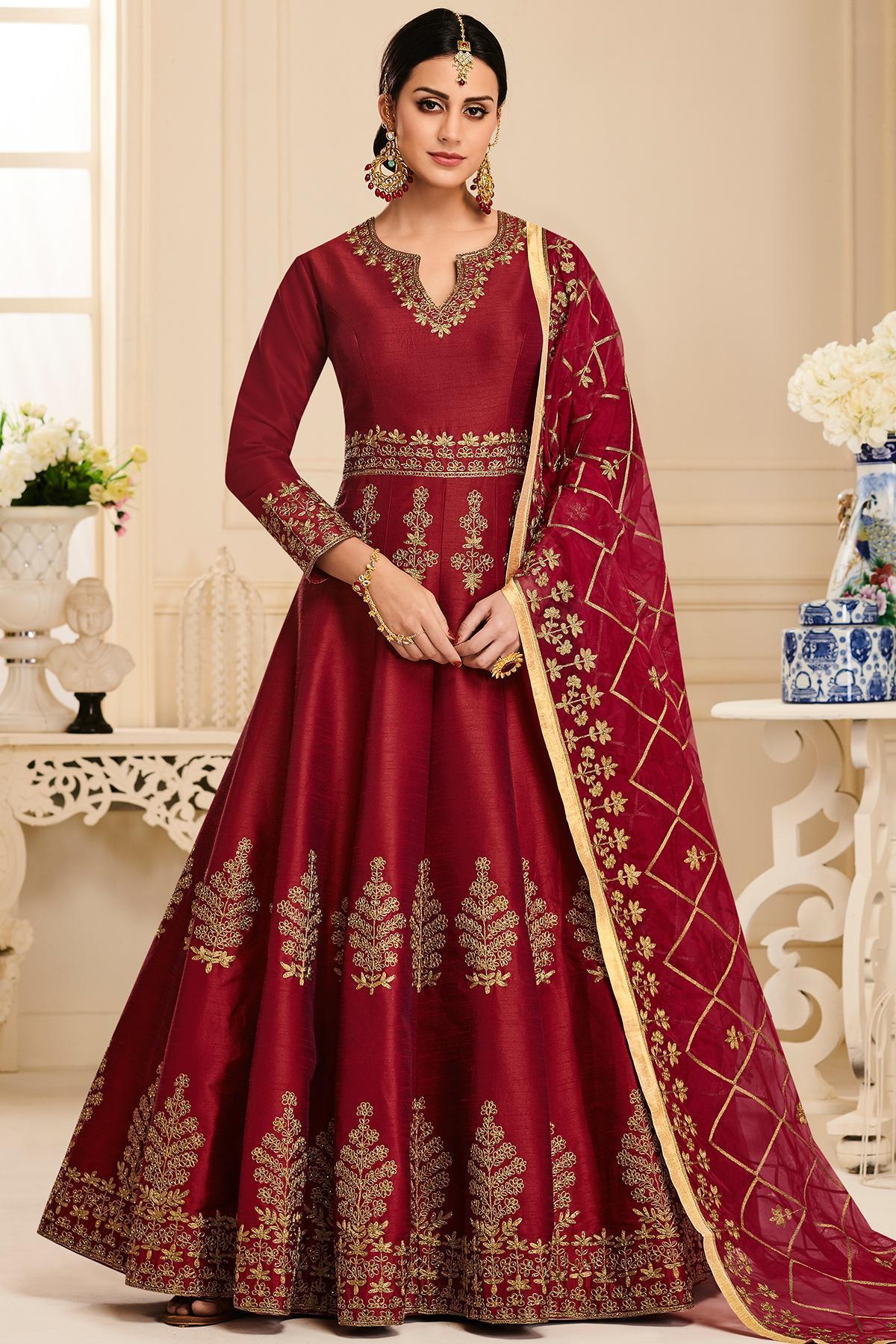 Maroon Designer Embroidered Silk Anarkali Suit