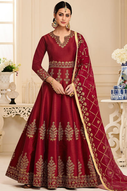 Maroon Designer Embroidered Silk Anarkali Suit