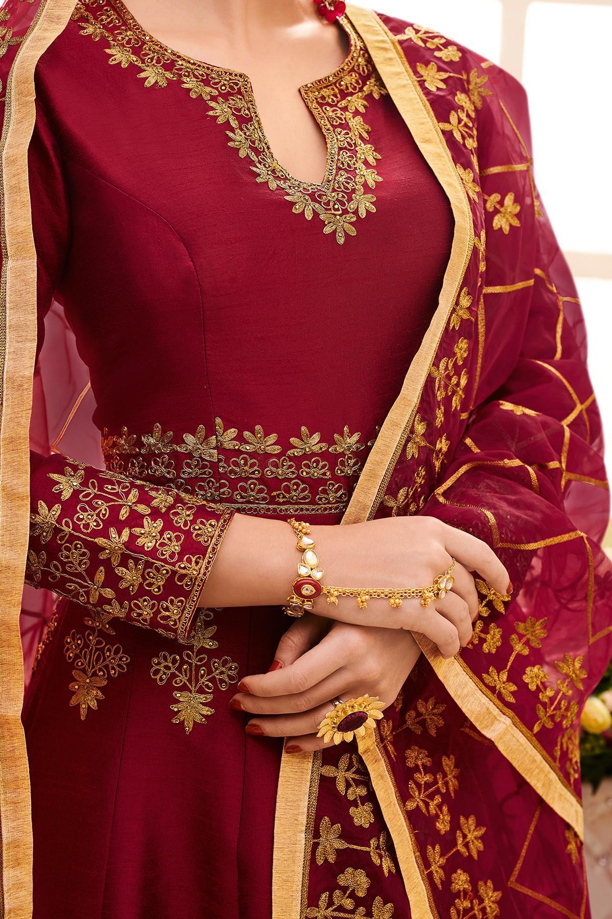 Maroon Designer Embroidered Silk Anarkali Suit