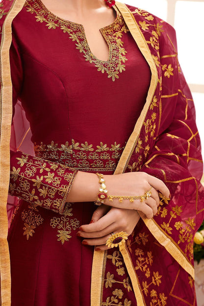 Maroon Designer Embroidered Silk Anarkali Suit