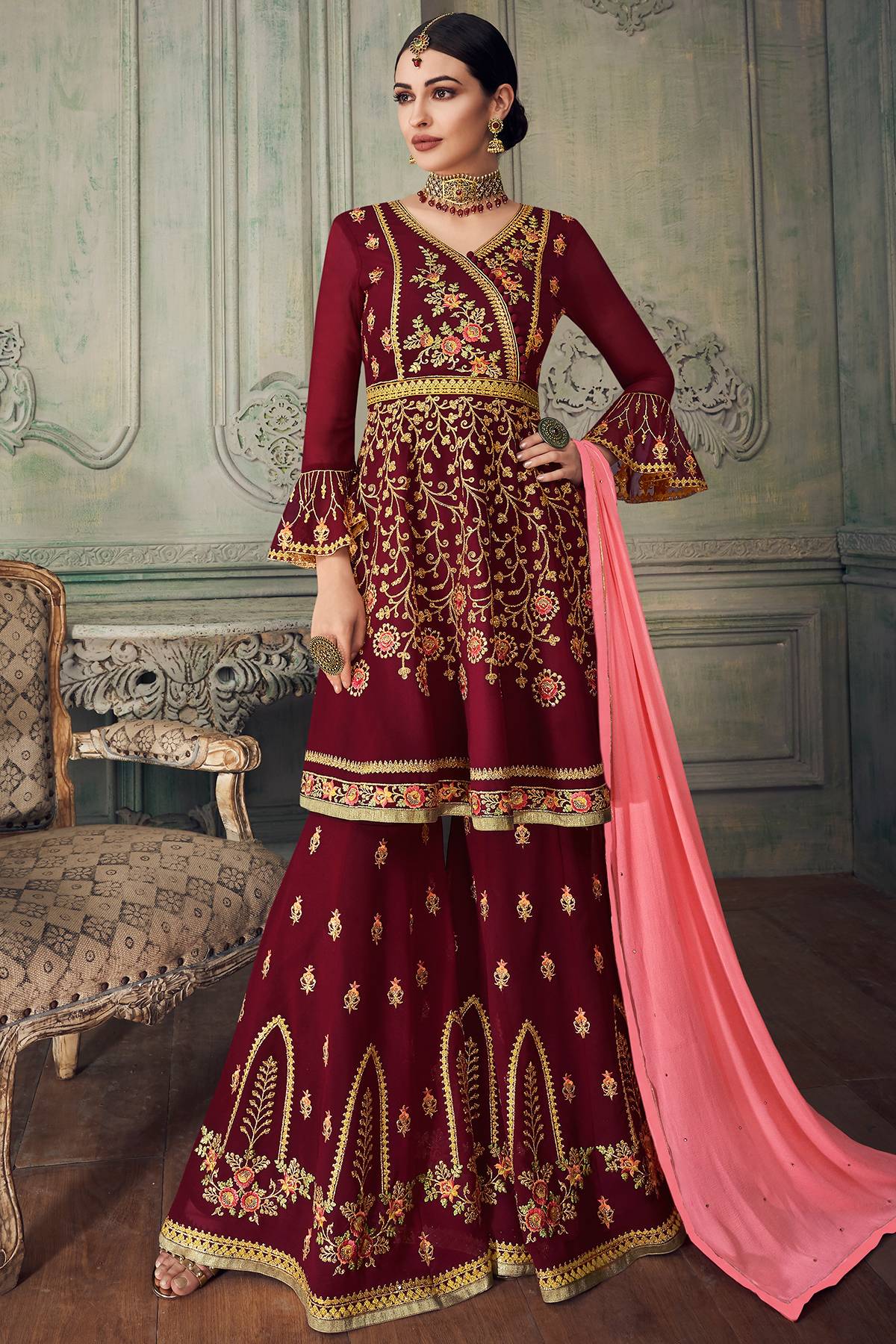 Maroon Designer Gharara Style Suit