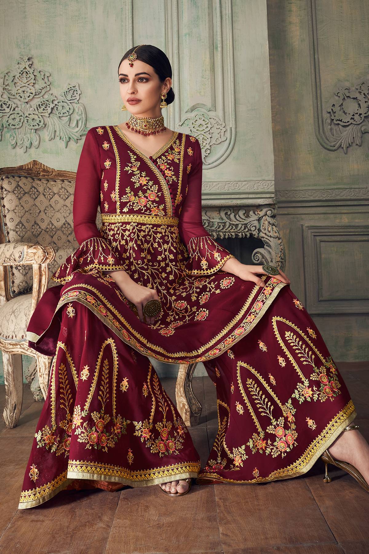 Maroon Designer Gharara Style Suit