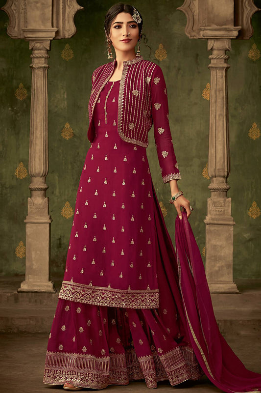 Maroon Designer Sharara Suit With Koti