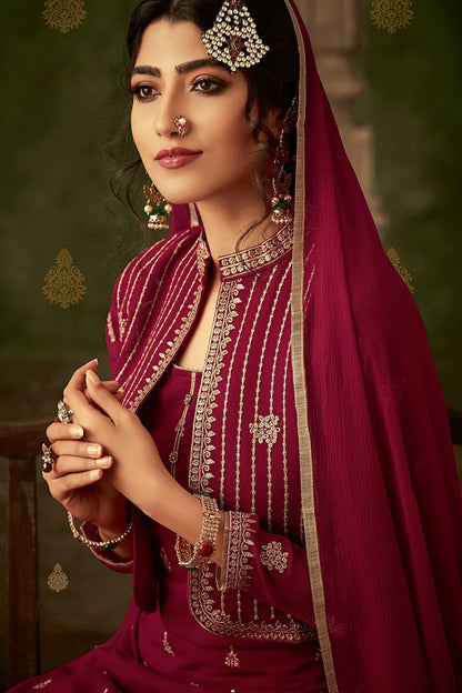Maroon Designer Sharara Suit With Koti