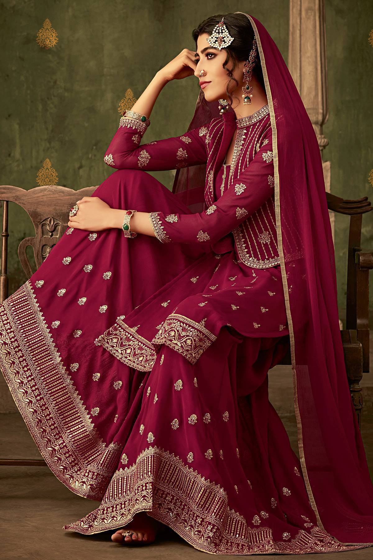 Maroon Designer Sharara Suit With Koti