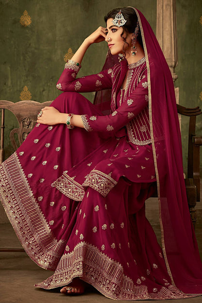 Maroon Designer Sharara Suit With Koti