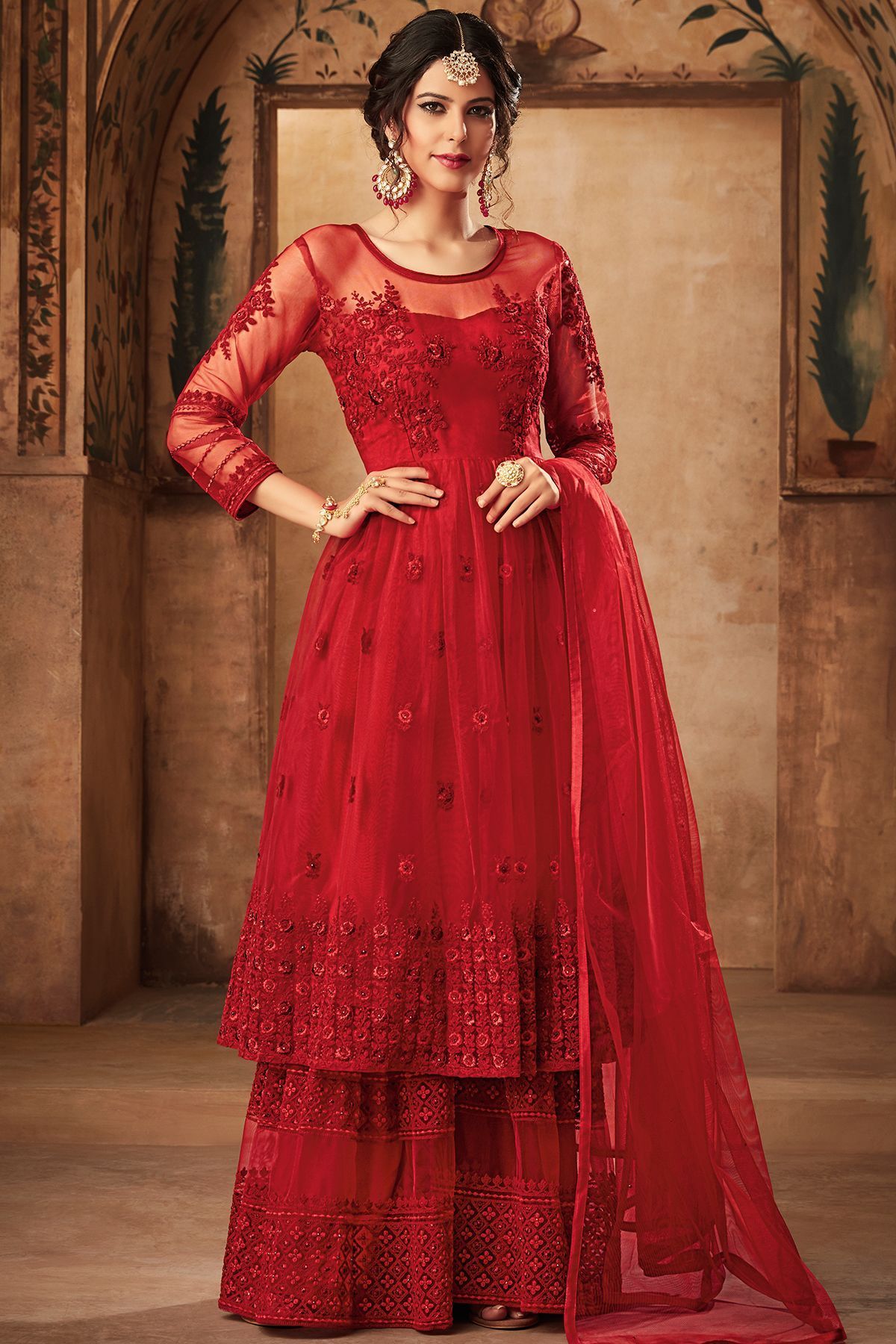 Maroon Net Embroidered palazzo Suit