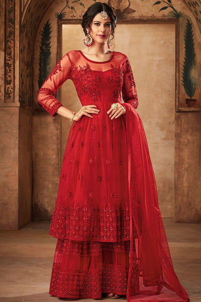 Maroon Net Embroidered palazzo Suit