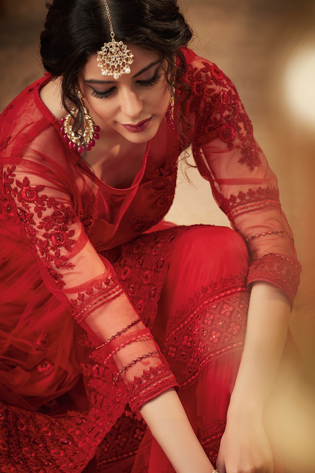 Maroon Net Embroidered palazzo Suit