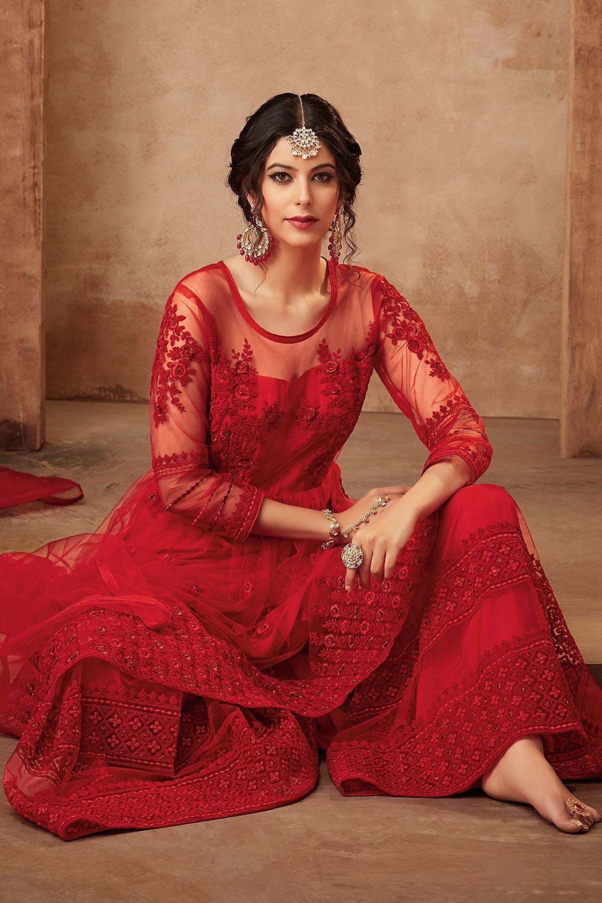 Maroon Net Embroidered palazzo Suit