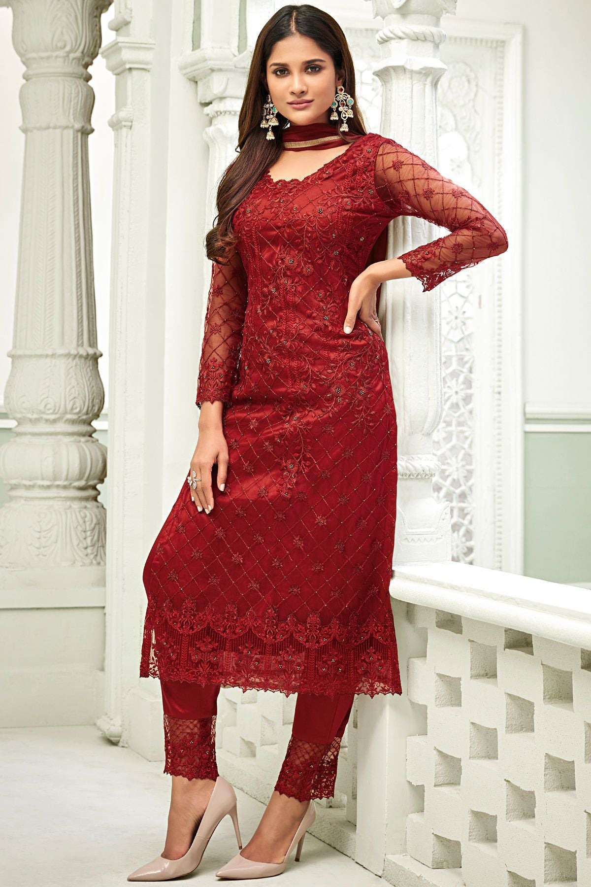 Maroon Net Party Wear Stright Cut Suit